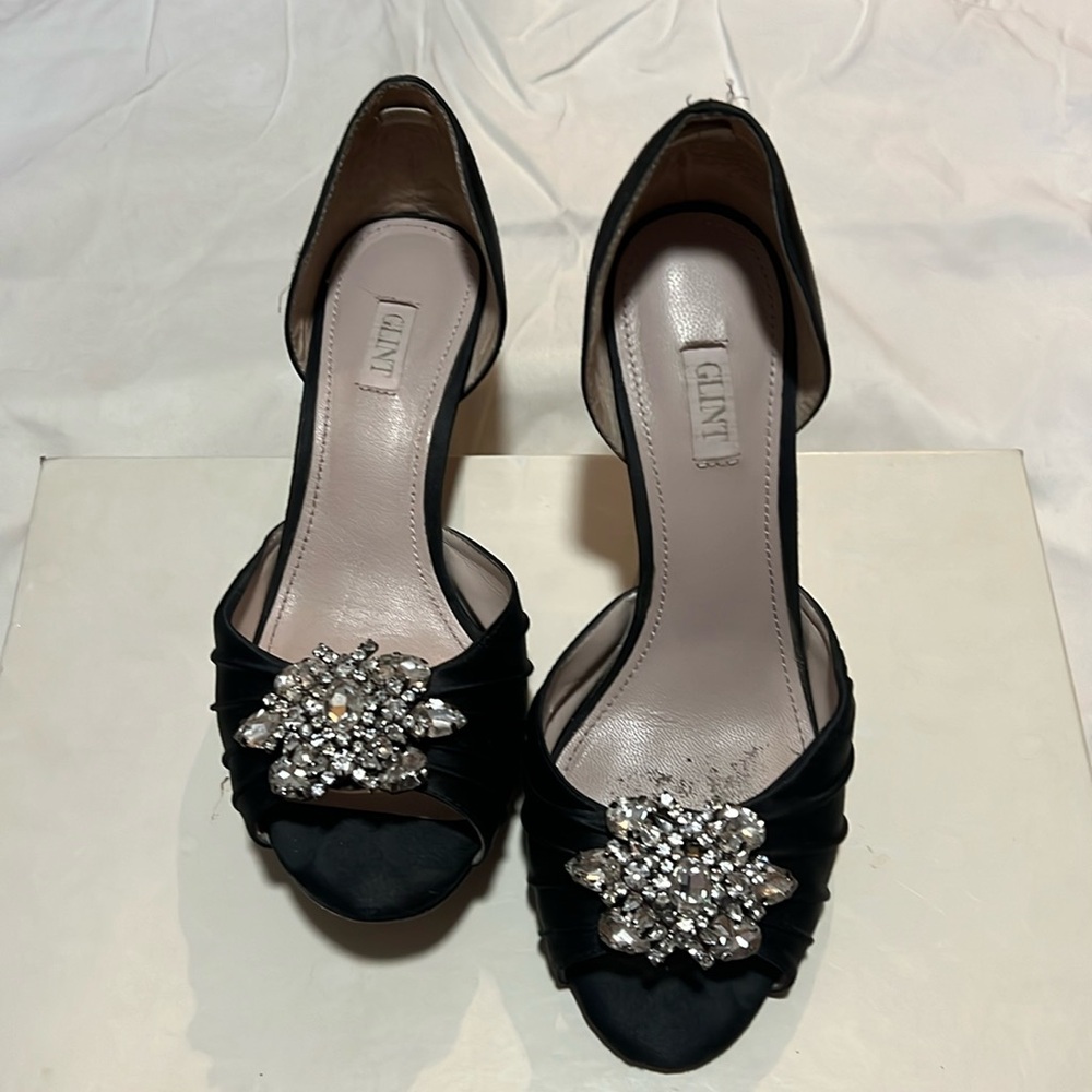 Glint, Black satin with diamonds open toe 3’’ heel, size 6.5m.